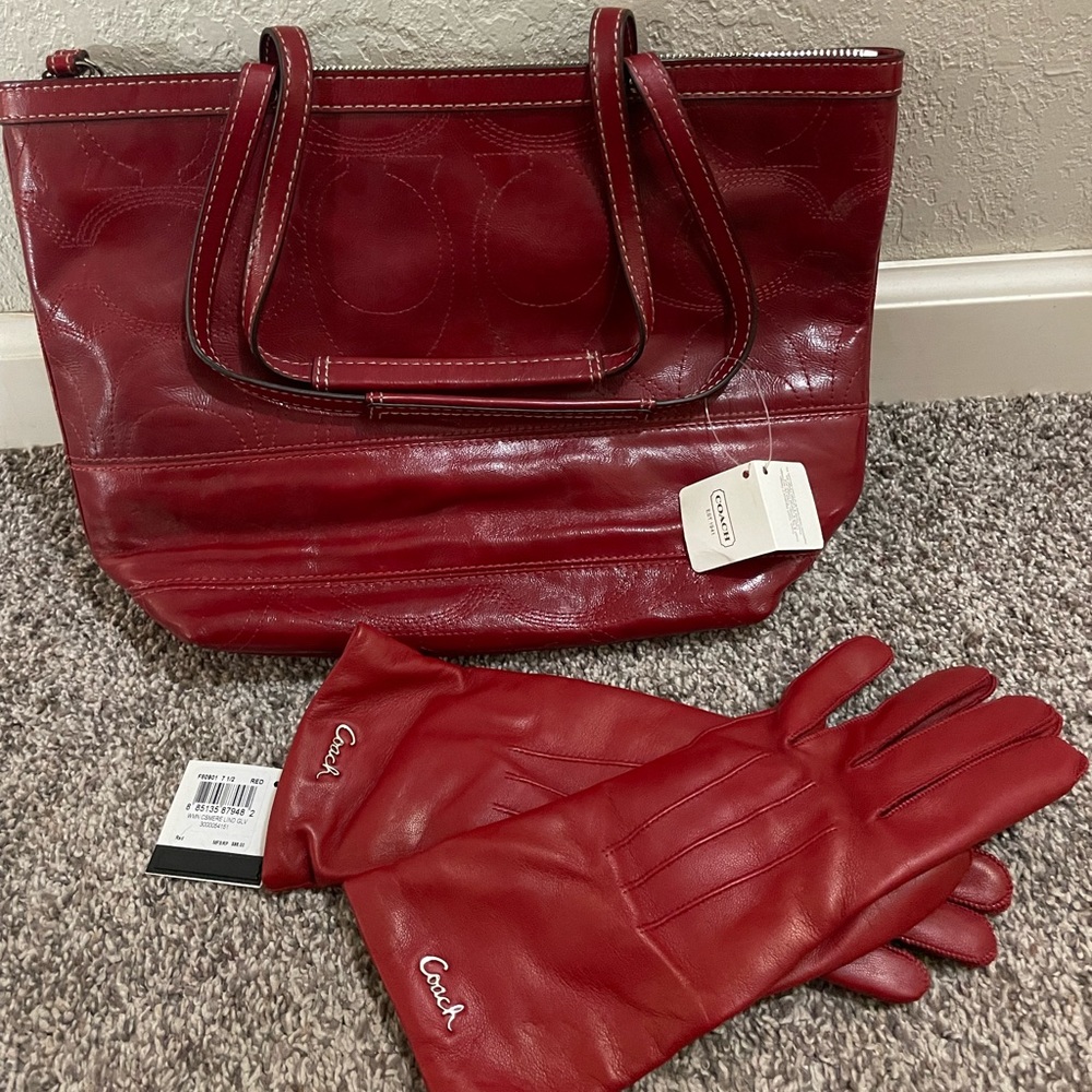 Red Coach Patent Leather Bag with matching red leather gloves - New with tags